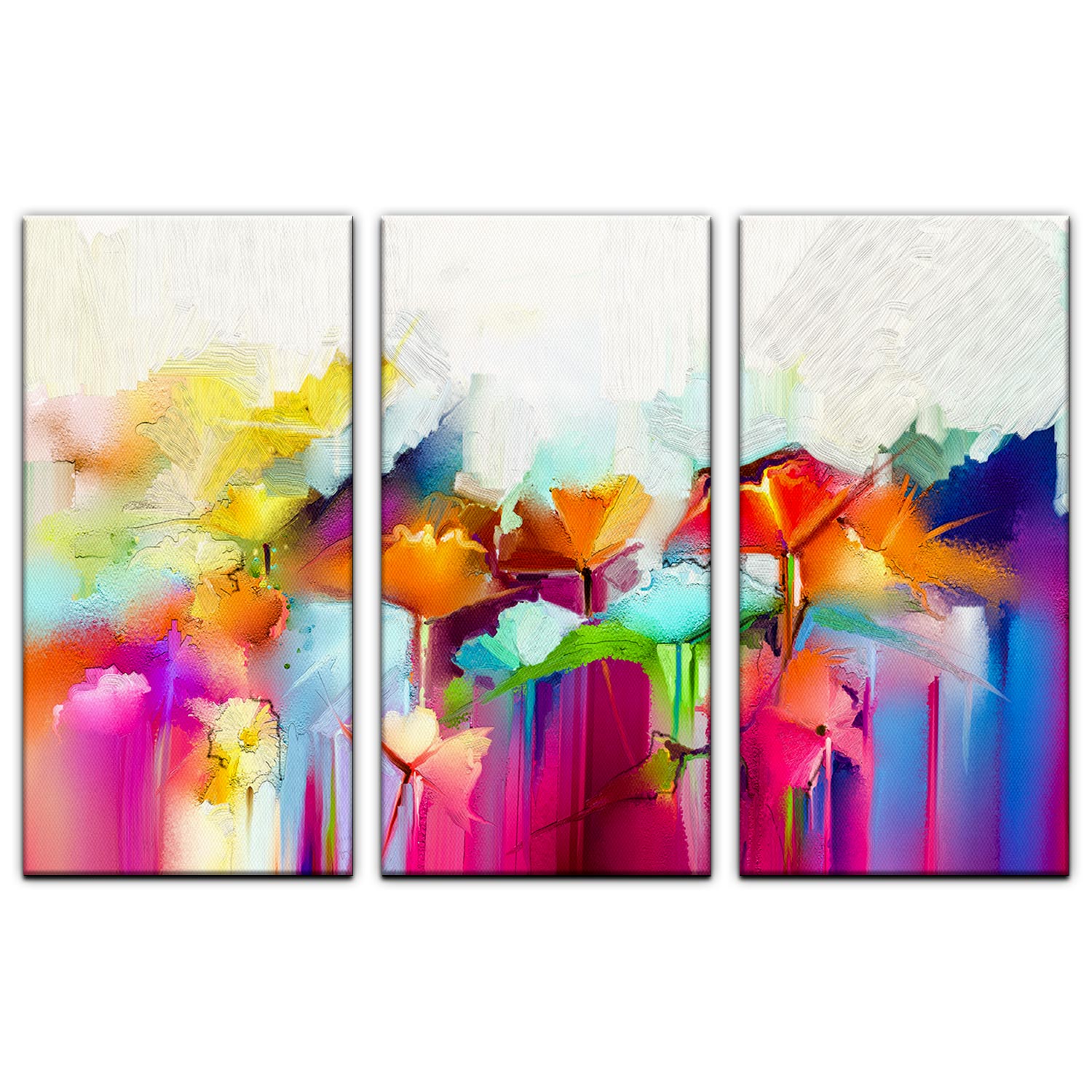Kit 3 quadros panorâmicos - Flores coloridas abstratas