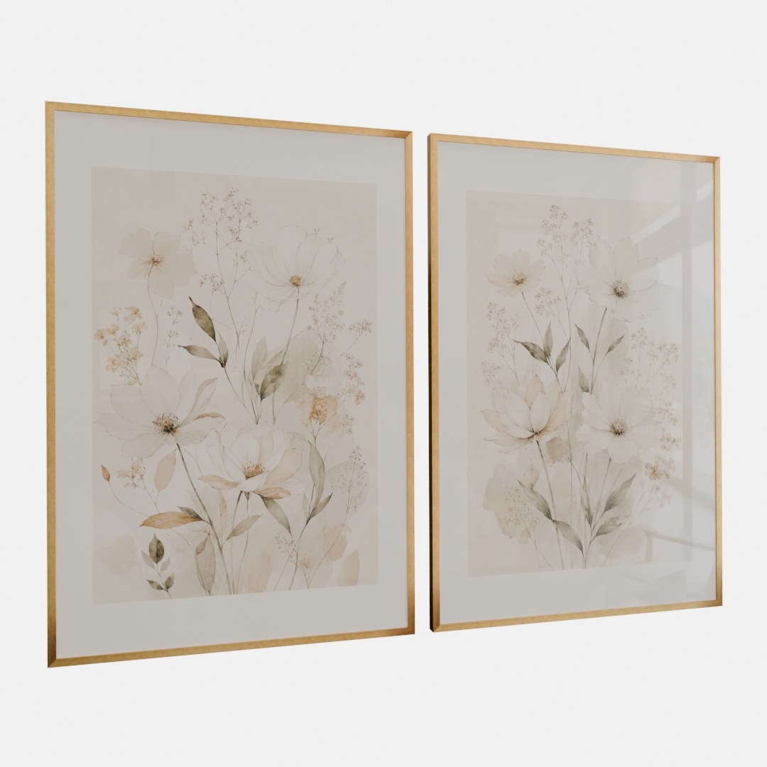 KIT 2 QUADROS FLORES CAMPESTRES SUAVES