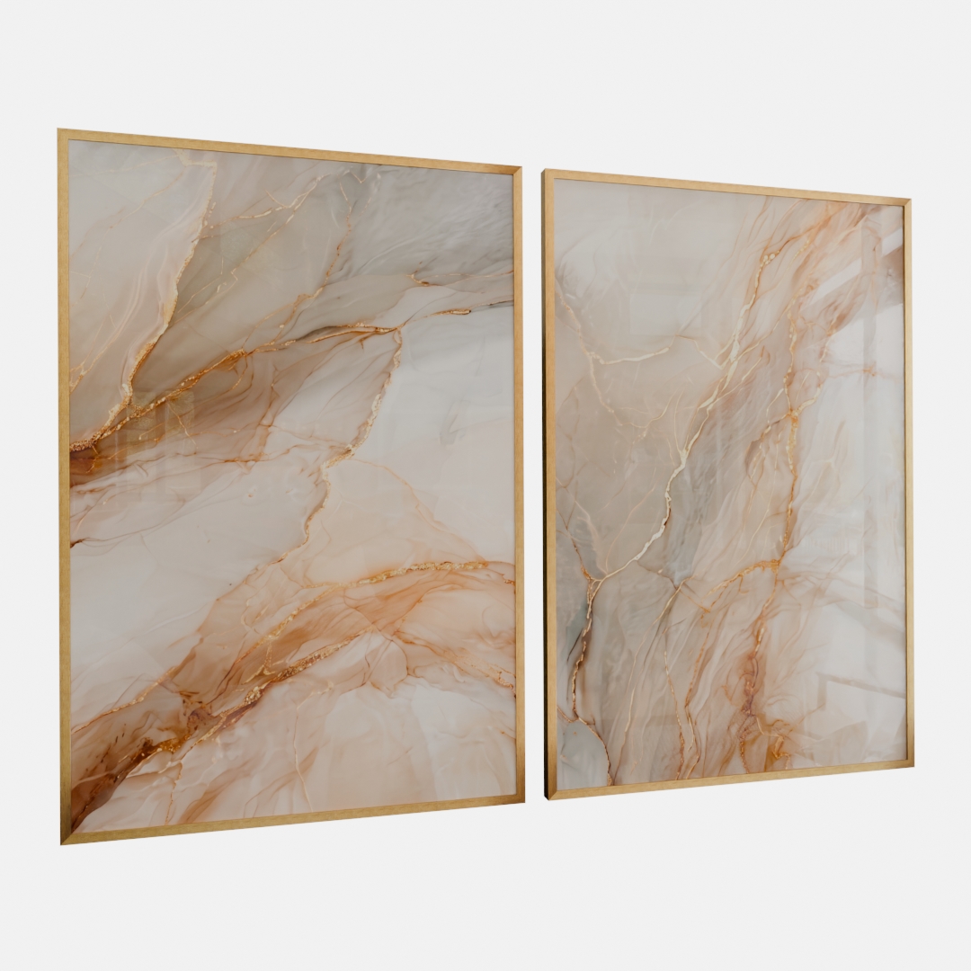 KIT 2 QUADROS  FLUXO DE MÁRMORE DOURADO