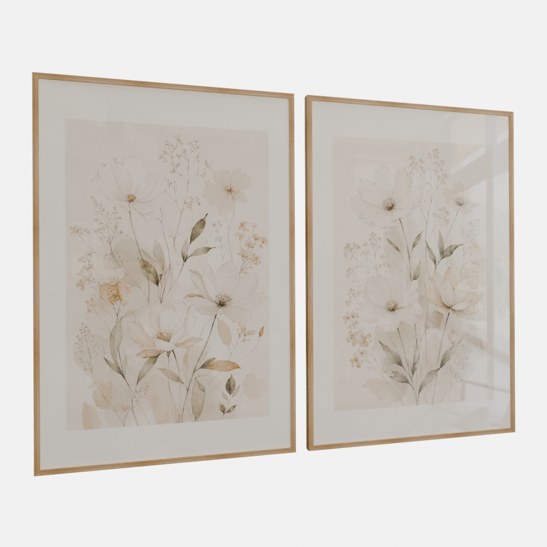 KIT 2 QUADROS FLORES CAMPESTRES SUAVES