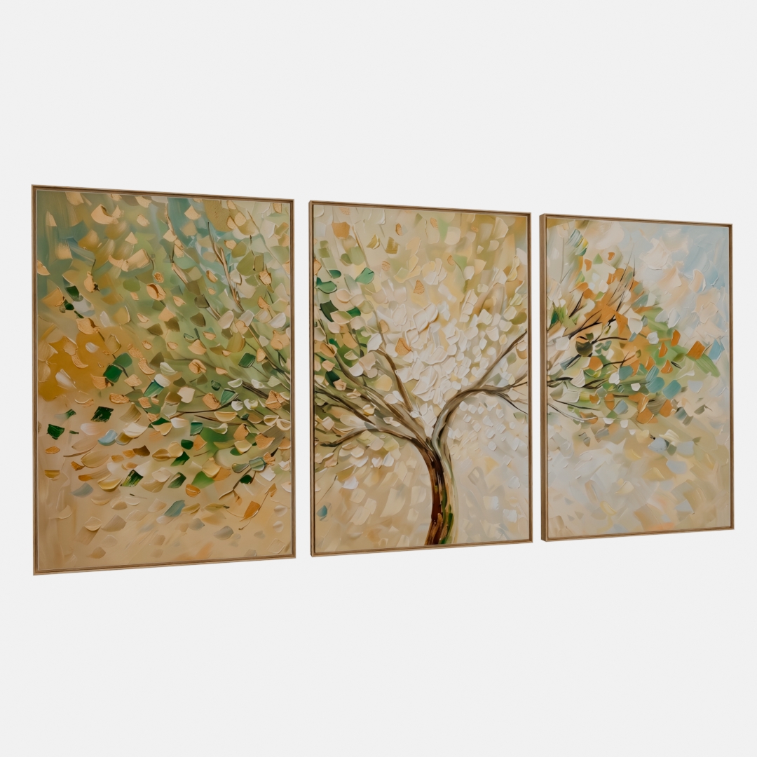 KIT 3 QUADROS PINTURA ÁRVORE TONS VERDES