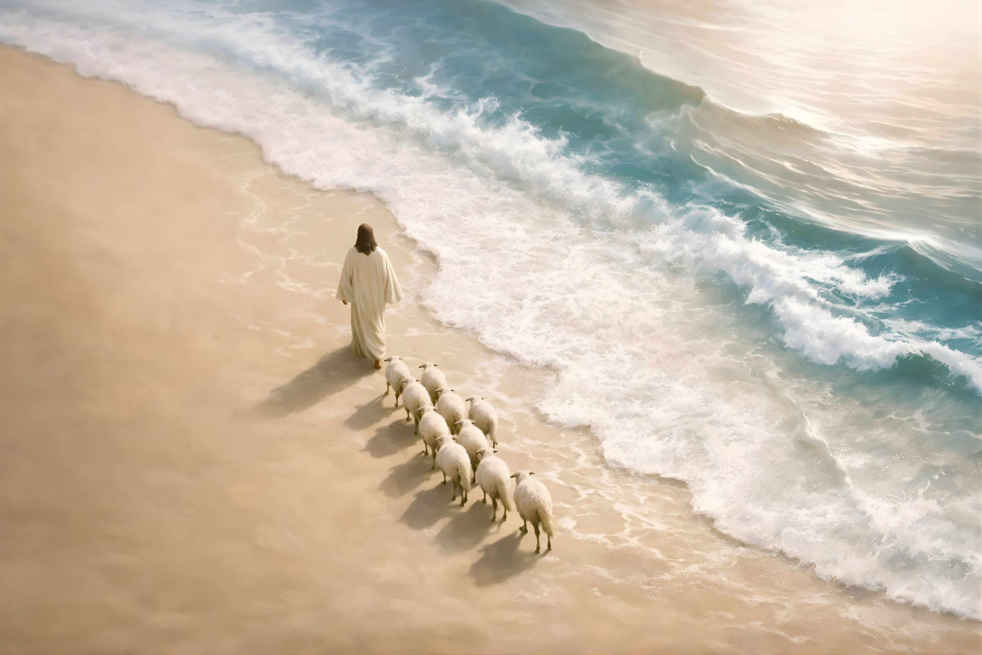 Quadro Personalizado -Decore Paz- Jesus ovelhas Mar -Madeira Escura -165x100 cm