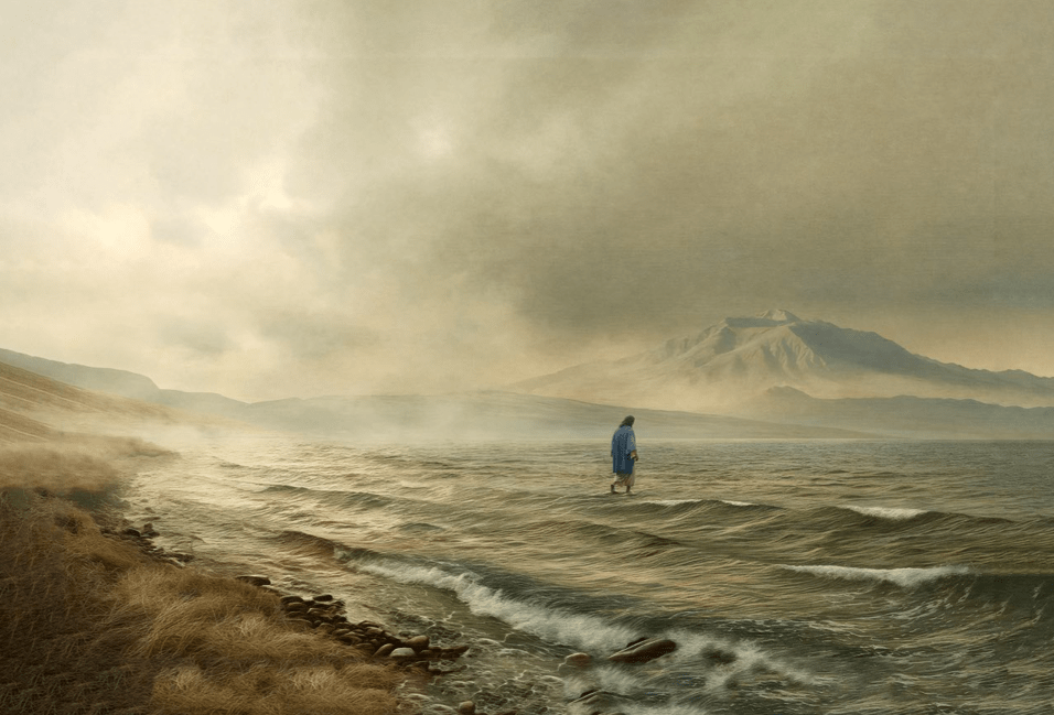 Quadro Personalizado- Decore Paz -Jesus sobre aguas- Moldura Branca- ADESIVO FOSCO - 60X40 CM