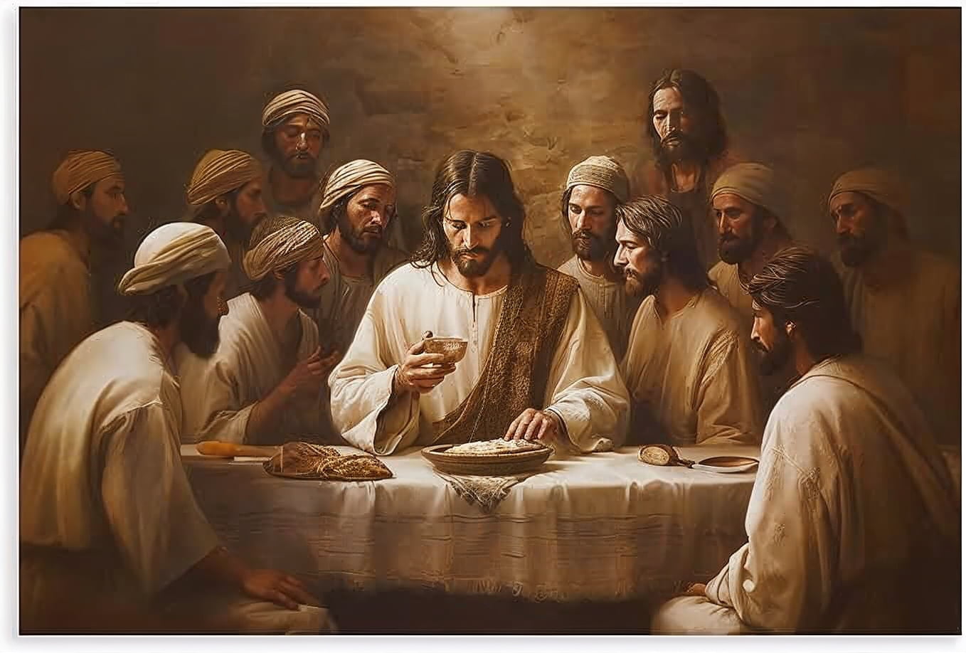 Quadro Personalizado-Decore Paz- Jesus Apostolos Santa Ceia - Adesivo Fosco - Moldura Preta- 120x80 cm