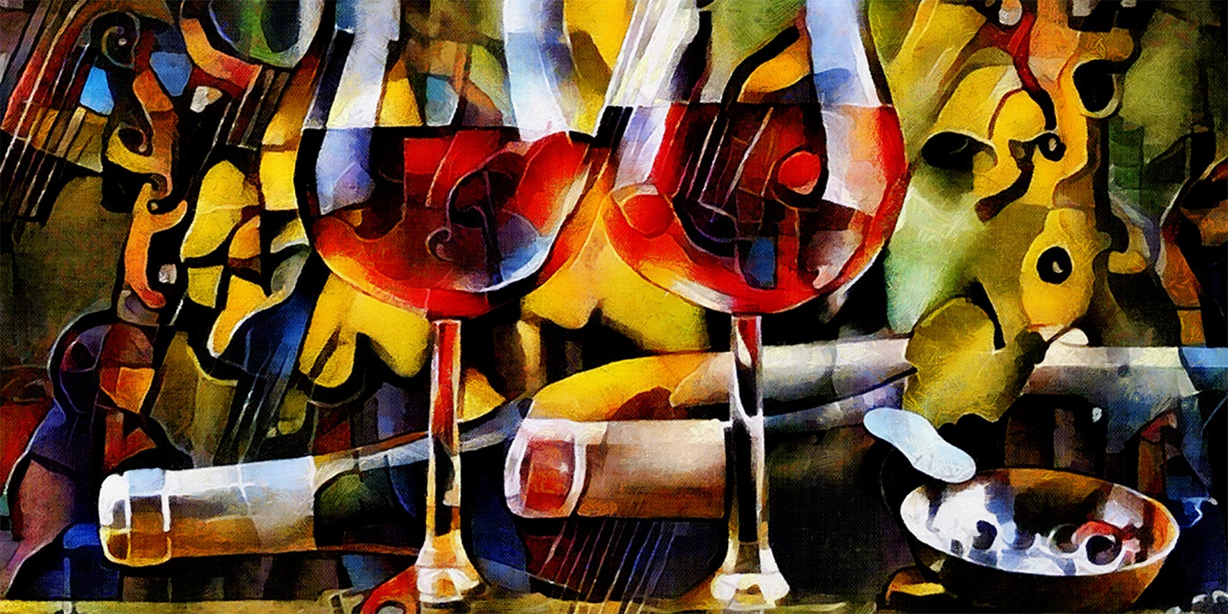 Quadro panorâmico - Taças e Garrafas de vinho abstratas