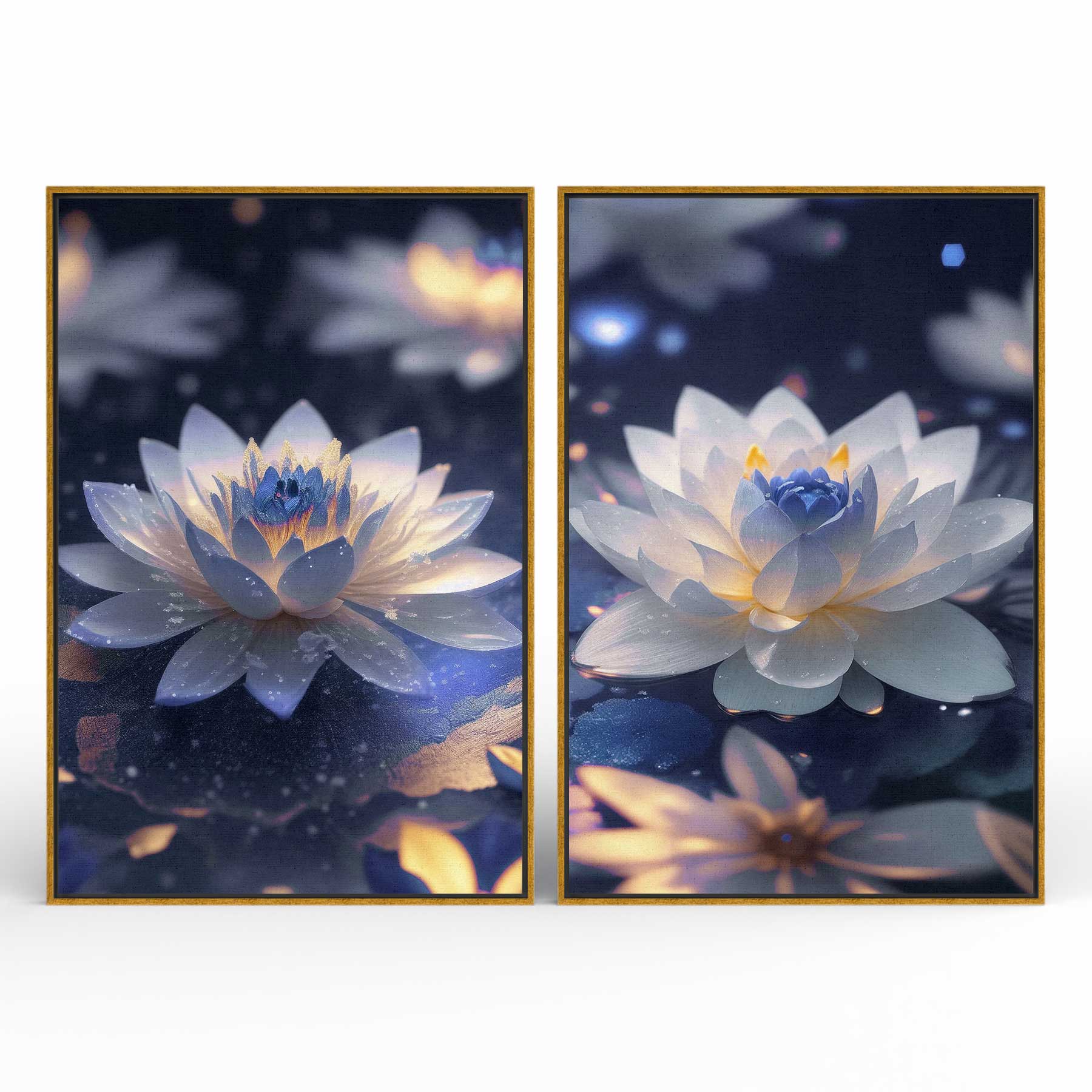 Kit 2 quadros retangulares - Duo Flores Lótus Azuis - Liê Decor