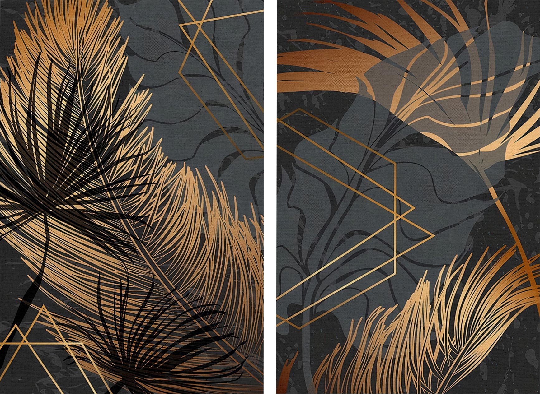 Kit 2 quadros retangulares - Penas e folhas douradas