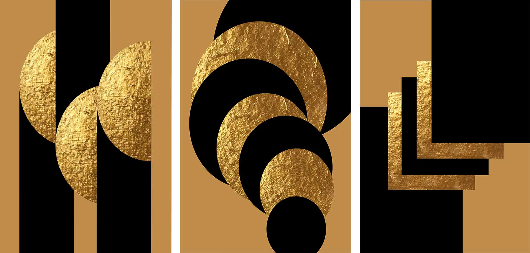 Kit 3 quadros retangulares - Trio de formas pretas e douradas