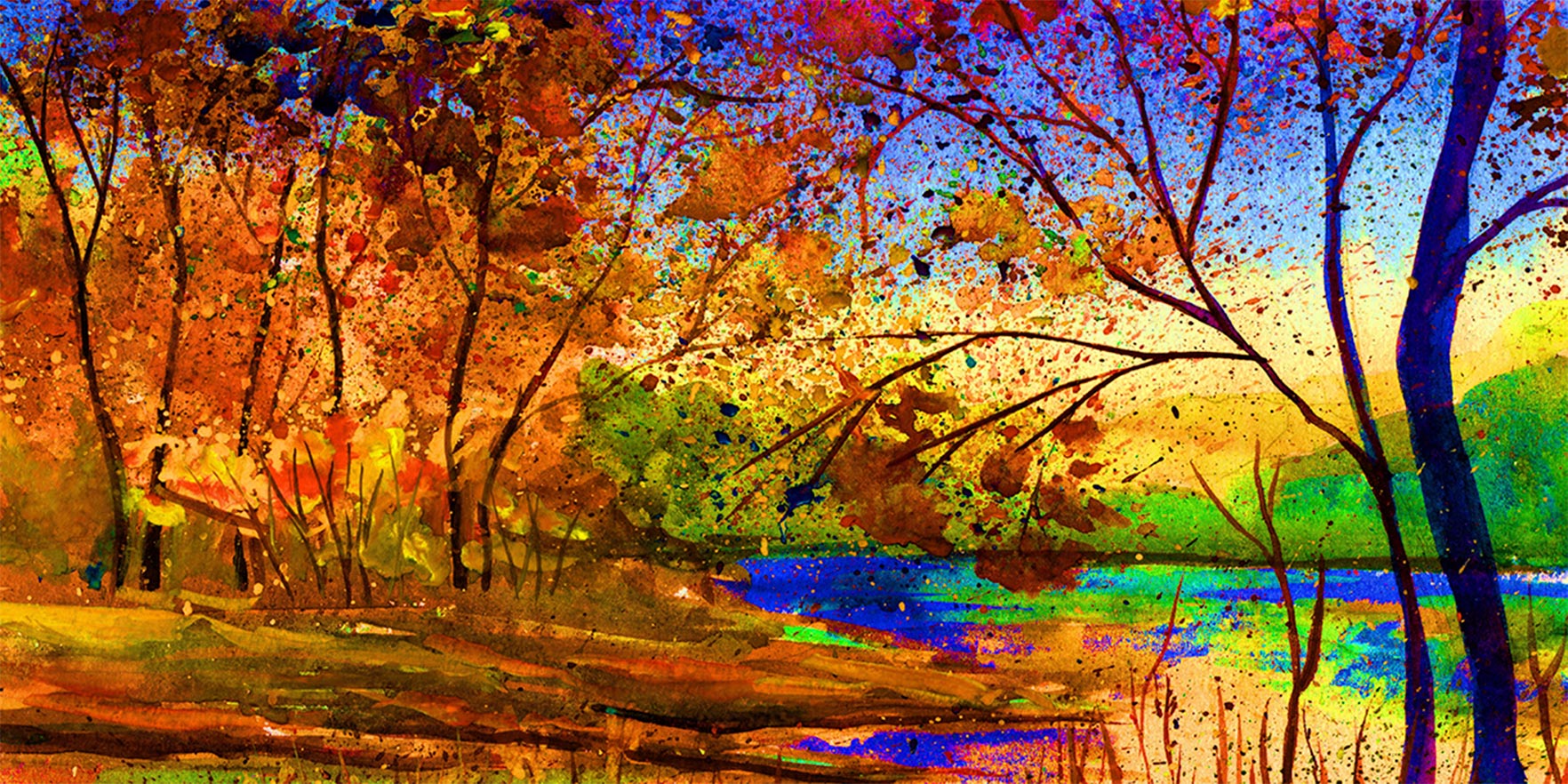 Quadro panorâmico - Paisagem de outono em aquarela