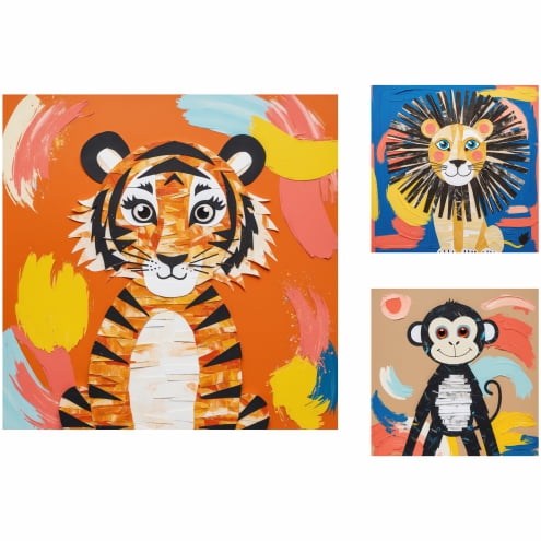 Kit 3 quadros - Trio Safari Maximalista - Moldura Branca - 101x71cm