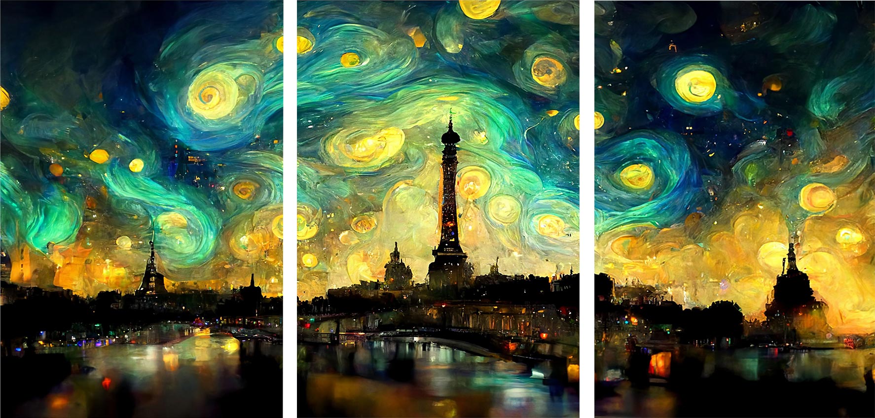 Kit 3 quadros retangulares - Paris releitura noite estrelada van gog