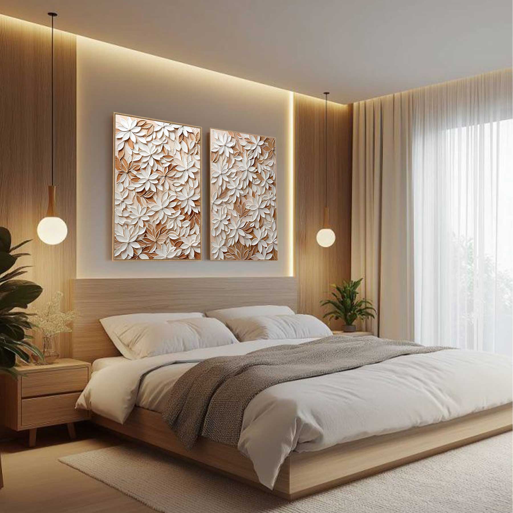 Kit 2 quadros retangulares - White Floral 3D