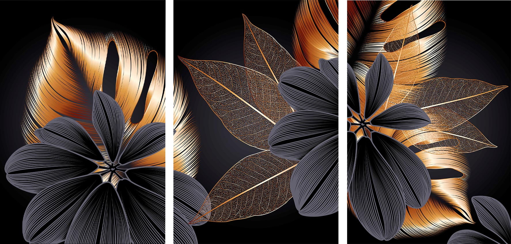 Kit 3 quadros retangulares - Flores negras e folhas douradas