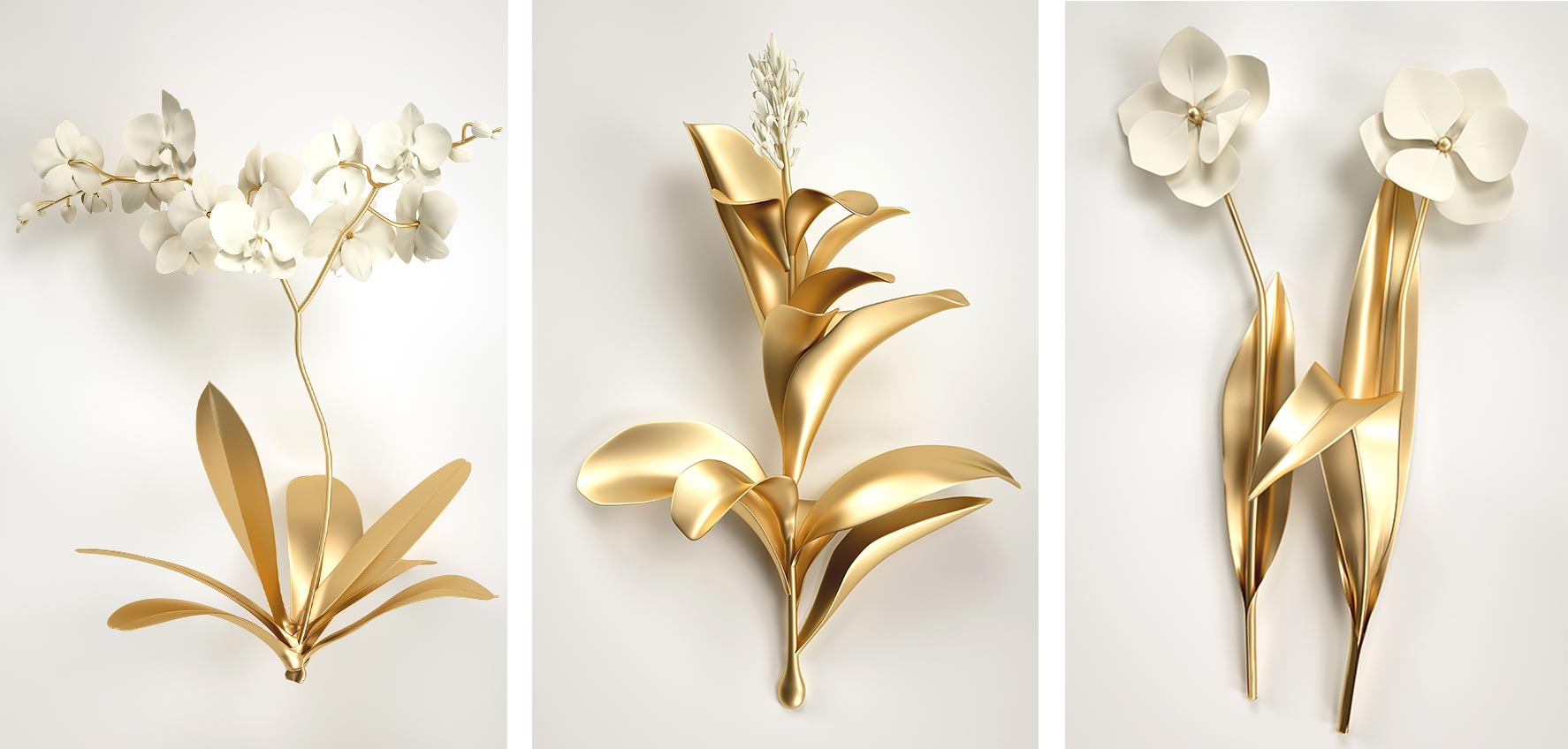 Kit 3 quadros retangulares - Trio de flores douradas - Liê Decor