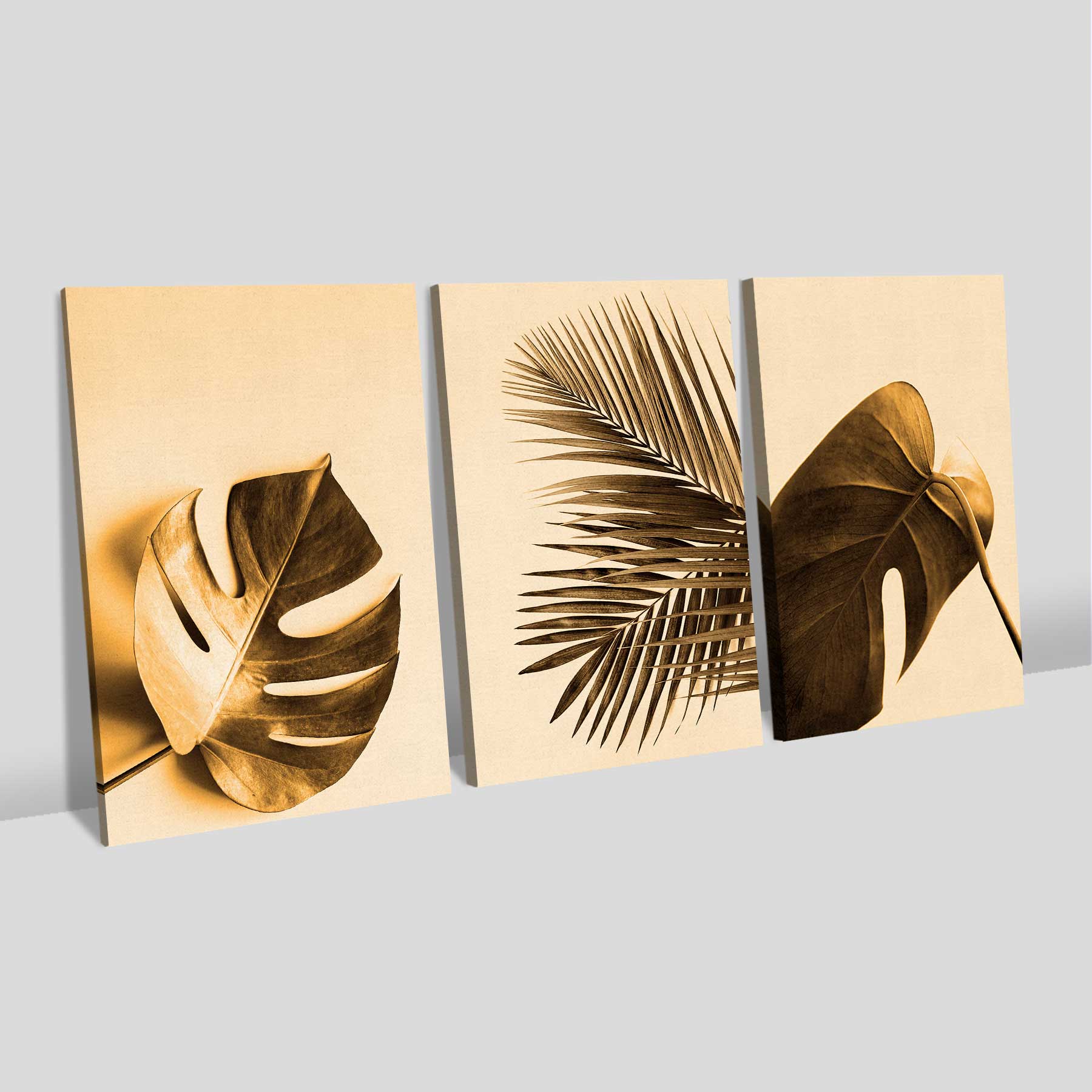 Kit 3 Quadros Retangulares - Trio de Folhas Douradas