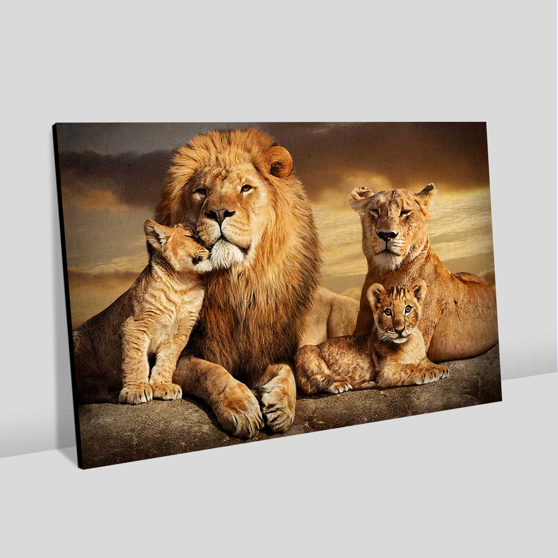Quadro Retangular  - Família de leões com 2 filhotes