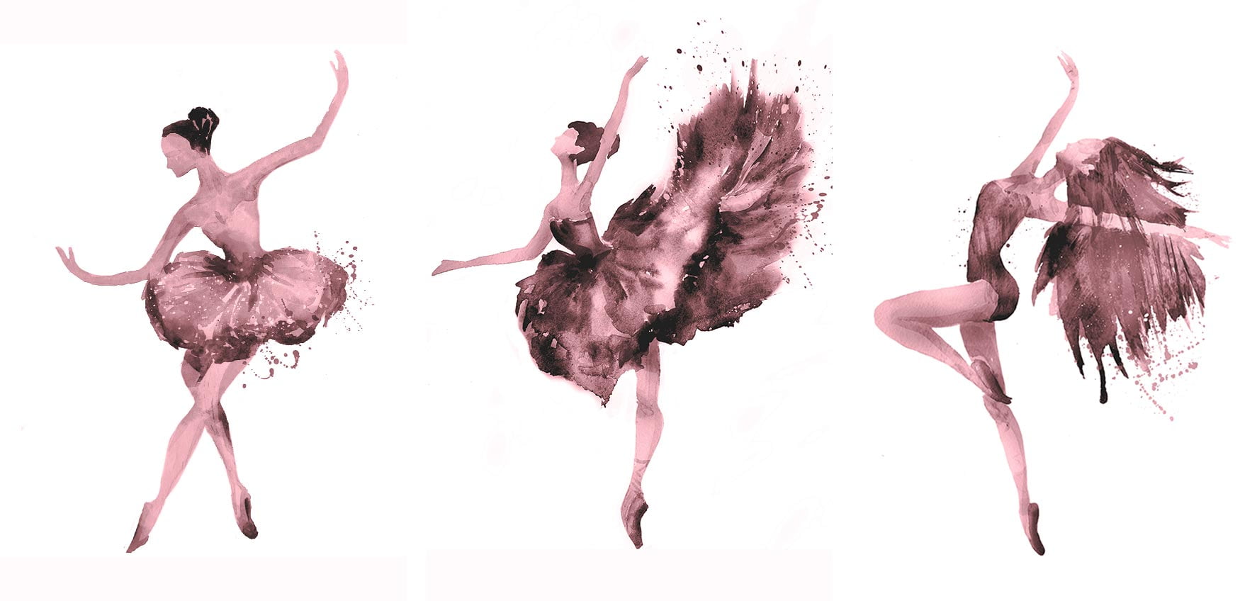 Kit 3 quadros retangulares - Trio de bailarinas magenta