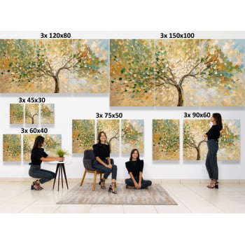KIT 3 QUADROS PINTURA ÁRVORE TONS VERDES