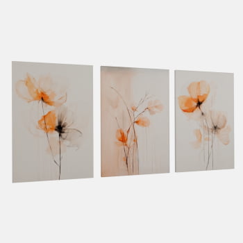 KIT 3 QUADROS FLORES AQUARELA PÔR DO SOL