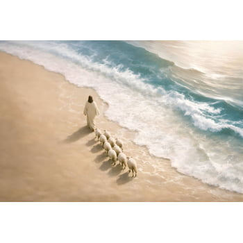Quadro Personalizado -Decore Paz- Jesus ovelhas Mar -Madeira Escura -165x100 cm