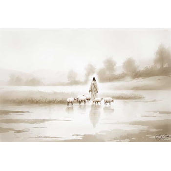 Quadro Personalizado -Decore Paz-Jesus e o Rebanho- Moldura Madeira Clara- 200x90 cm