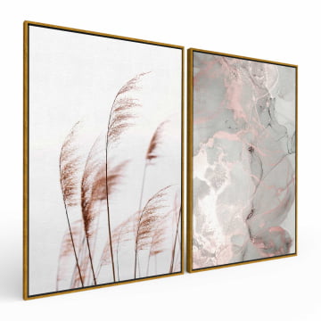 Kit 2 quadros retangulares - Duo capim dos pampas e marmorizado
