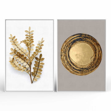 Kit 2 quadros retangulares - Duo Flores e Formas Douradas
