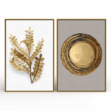 Kit 2 quadros retangulares - Duo Flores e Formas Douradas