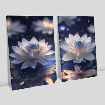 Kit 2 quadros retangulares - Duo Flores Lótus Azuis