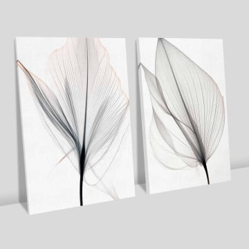 Kit 2 quadros retangulares - Duo Folhas preto e branco abstratos
