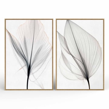 Kit 2 quadros retangulares - Duo Folhas preto e branco abstratos