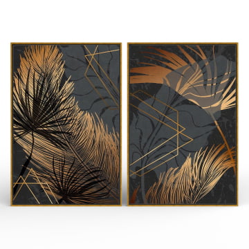 Kit 2 quadros retangulares - Penas e folhas douradas
