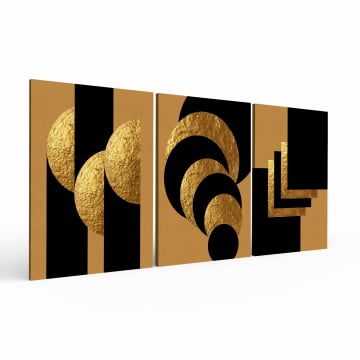 Kit 3 quadros retangulares - Trio de formas pretas e douradas