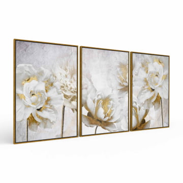 Kit 3 Quadros Retangulares - Trio flores abstratas brancas com detalhes dourados