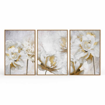 Kit 3 Quadros Retangulares - Trio flores abstratas brancas com detalhes dourados