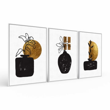 Kit 3 quadros retangulares - Vasos e formas douradas