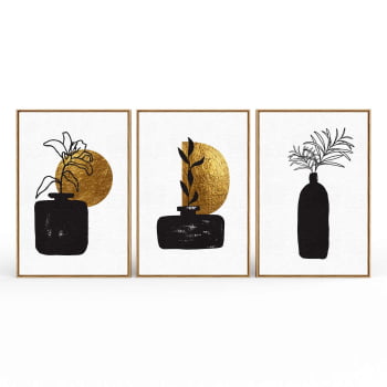 Kit 3 quadros retangulares - Vasos e formas douradas