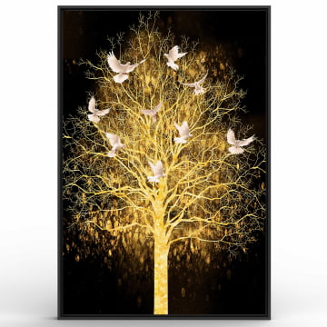 Quadro Retangular  - Árvore da vida dourada com pombas brancas