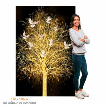 Quadro Retangular  - Árvore da vida dourada com pombas brancas