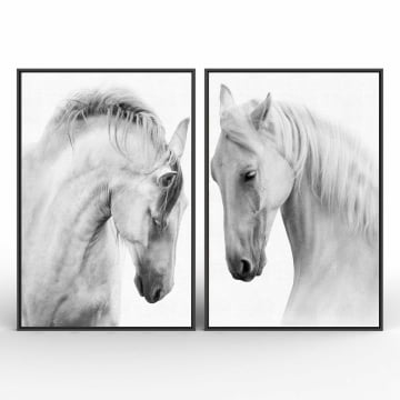 Kit 2 quadros retangulares - Dois cavalos brancos