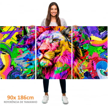 Kit 3 quadros retangulares - Leão colorido abstrato