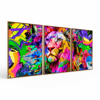 Kit 3 quadros retangulares - Leão colorido abstrato