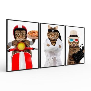 Kit 3 quadros retangulares - Trio de Gatos divertidos