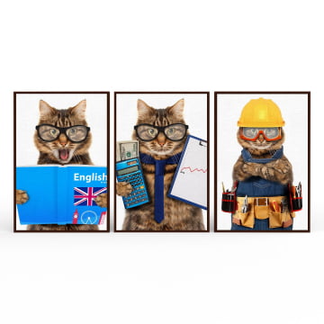 Kit 3 quadros retangulares - Trio de Gatos divertidos - Profissões