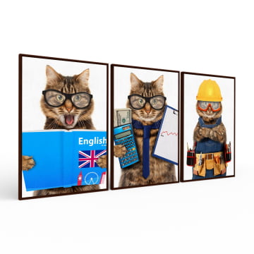 Kit 3 quadros retangulares - Trio de Gatos divertidos - Profissões