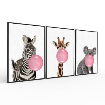 Kit 3 quadros retangulares - Zebra, Girafa e Coala divertidos