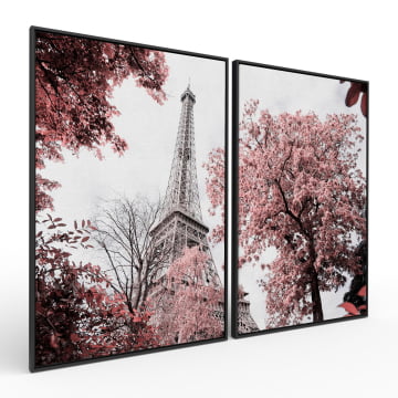 Kit 2 quadros retangulares - Torre Eiffel e folhas coloridas