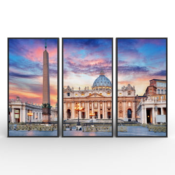 Kit 3 quadros panorâmicos - Vaticano Basílica de São Pedro ao entardecer