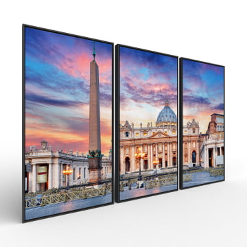 Kit 3 quadros panorâmicos - Vaticano Basílica de São Pedro ao entardecer