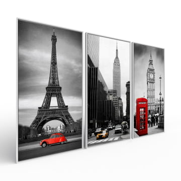 Kit 3 quadros panorâmicos - Detalhes de Paris, Nova Iorque e Londres
